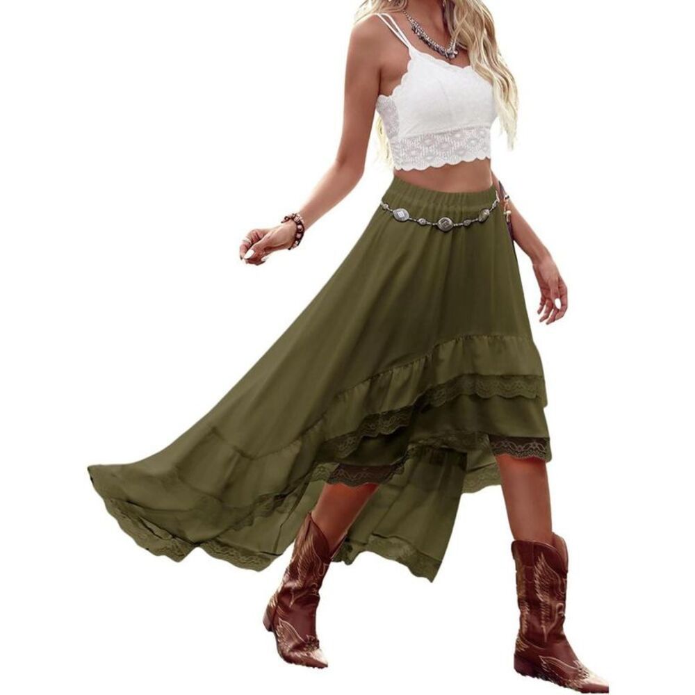 Women's Western Boho Skirt - Lace Ruffle Asymmetrical Hem Cowgirl Green